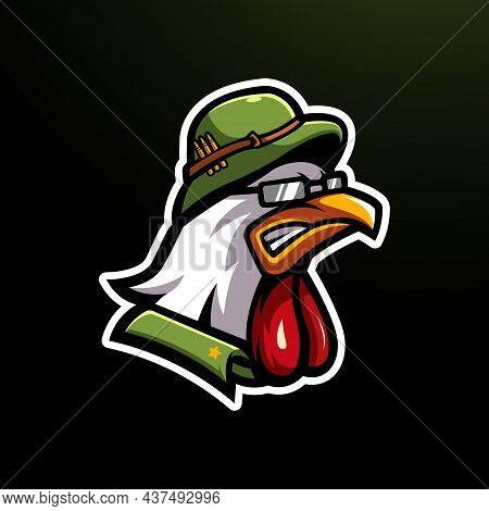 Angry Chicken Wearing Military Helmet Mascot Logo Design