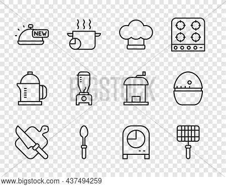 Set Line Cutting Board And Knife, Barbecue Steel Grid, Chef Hat, Teaspoon, Covered With Tray Of Food