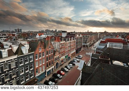 Amsterdam; Netherlands view of the cityscape from De Pijp at dusk.
