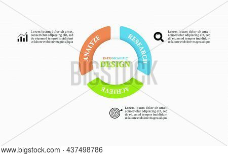 Business Linear Infographic Circle. Round Pie Chart Divided Into 3 Colorful Parts. Three Features Of