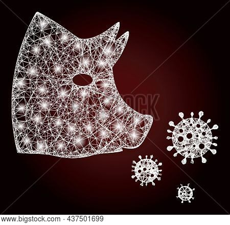 Glowing Net Mesh Pork Flu Infection With Glowing Spots On A Dark Red Gradiented Background. Vector M
