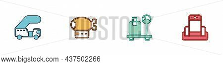 Set Passenger Ladder, Airship, Scale With Suitcase And Metal Detector In Airport Icon. Vector