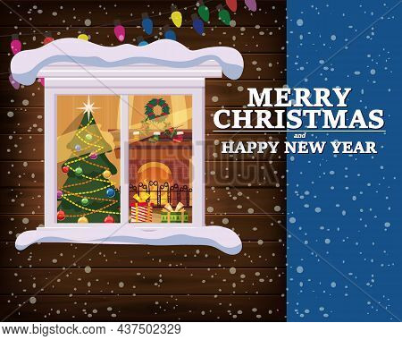 Chrismas Window, Night, Decoraions Garland Retro, Living Room Christmas Tree. Xmas And New Year Holi