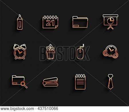 Set Line Search Concept With Folder, Office Stapler, Marker Pen, Notebook, Tie, Flowers In Pot, Time