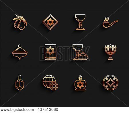 Set Line Hanukkah Dreidel, World Globe And Israel, Olives Branch, Burning Candle In Candlestick With