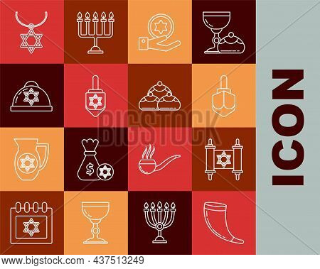 Set Line Traditional Ram Horn, Shofar, Torah Scroll, Hanukkah Dreidel, Jewish Coin Hand, Kippah With
