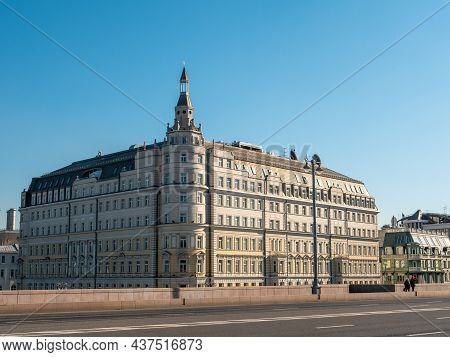View From The Moskvoretsky Bridge. Beautiful Architecture Of The Capital Against The Blue Sky.