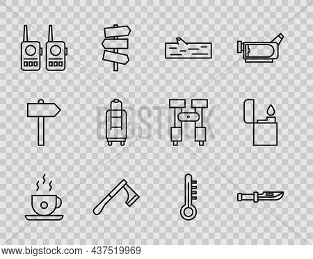 Set Line Coffee Cup, Camping Knife, Wooden Log, Axe, Walkie Talkie, Suitcase, Meteorology Thermomete