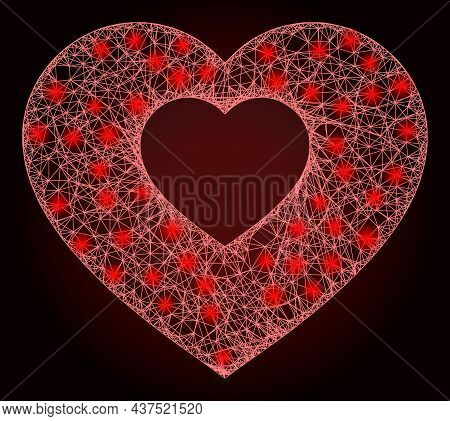 Flare Net Mesh Valentine Heart With Lightspots On A Dark Red Gradient Background. Vector Frame Creat