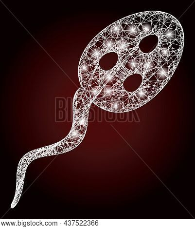 Glowing Net Mesh Vibrion Microbe With Glowing Spots On A Dark Red Gradient Background. Vector Model 