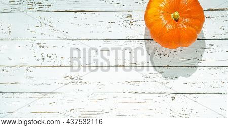 A Fresh Organic Ripe Potimarron Pumpkin On A White Wooden Table, Autumn And Harvesting Concept, Top 