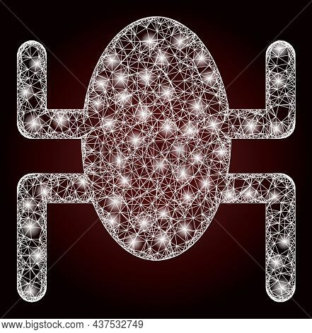 Illuminated Net Mesh Bug With Glowing Spots On A Dark Red Gradient Background. Vector Grid Based On 