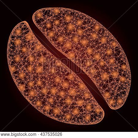 Bright Net Mesh Coffee Bean With Glowing Spots On A Dark Red Gradient Background. Vector Carcass Gen