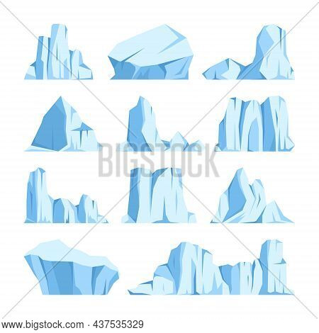 Floating Icebergs Collection. Drifting Arctic Glacier, Block Of Frozen Ocean Water. Icy Mountains Wi