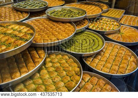 Baklava Varieties On Dessert Store. Turkish Baklava On Tray. Traditional Baklava From Gaziantep, Tur