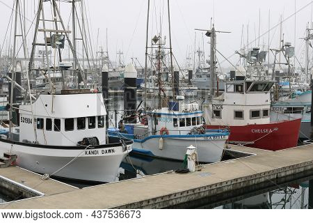 October 4, 2021 In Crescent City, Ca:  Rustic Commercial Fishing Boats Docked At The Crescent City, 