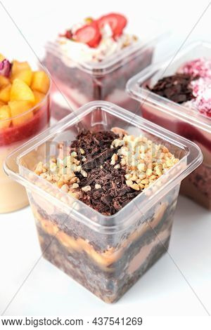 Take Away Trifle Cake In A Box. Chocolate Sponge Bisquit With Mascarpone And Nuts Filling. Grated Nu