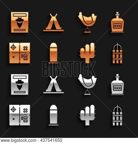Set Bullet, Alcohol Drink Rum Bottle, Detonate Dynamite Bomb Stick, Cactus, Treasure Map, Wild West 