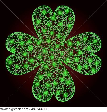 Bright Crossing Mesh Four Leaf Clover With Glowing Spots On A Dark Red Gradient Background. Vector C