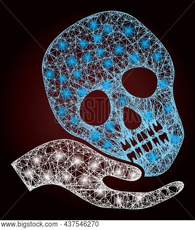 Sparkle Crossing Mesh Hand Holds Skull With Light Spots On A Dark Red Gradiented Background. Vector 