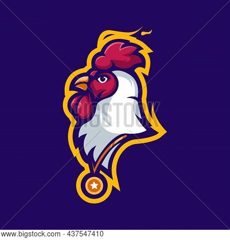 Rooster Head Logo Design Vector. Illustration Of A Chicken Wearing Medal