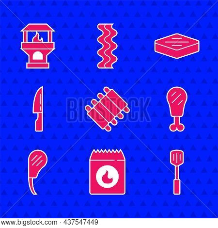 Set Grilled Pork Bbq Ribs, Barbecue Coal Bag, Spatula, Chicken Leg, Rib Eye Steak, Knife, Steak Meat