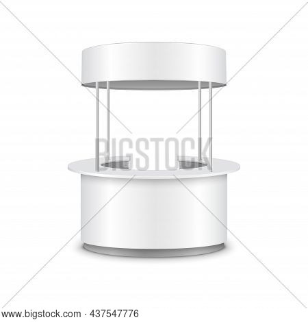 Kiosk Stand Booth Counter Promo Vector 3d Exhibition Round Table Design. Kiosk Store