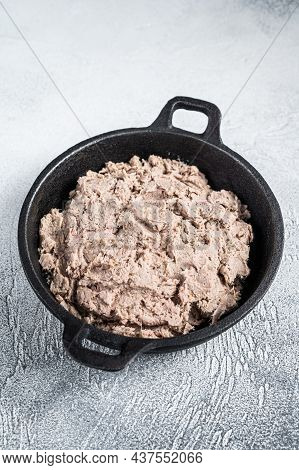 Duck Pate Rillettes De Canard In A Pan. White Background. Top View. Copy Space
