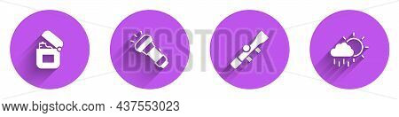 Set Lighter, Flashlight, Sniper Optical Sight And Cloud With Rain Icon With Long Shadow. Vector