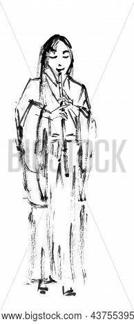 Girl Musician In Chinese Hanfu Playing Xiao Flute, Ink Drawing In Chinese Style