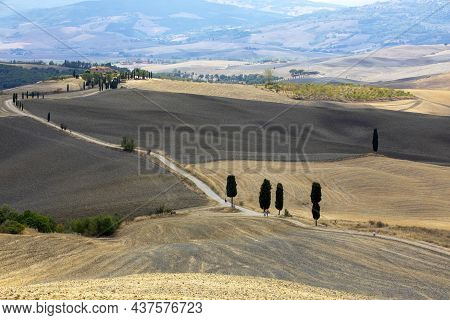 Val D' Orcia (si), Italy - August 05, 2021: Val D' Orcia Landscape, Tuscany, Italy