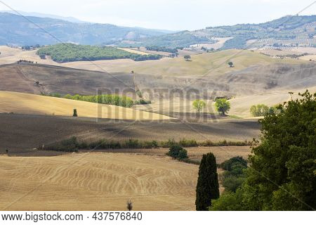 Val D' Orcia (si), Italy - August 05, 2021: Val D' Orcia Landscape, Tuscany, Italy