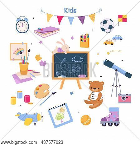 Colorful Kids Toys With Ball, Paints And Teddy Bear Vector Set