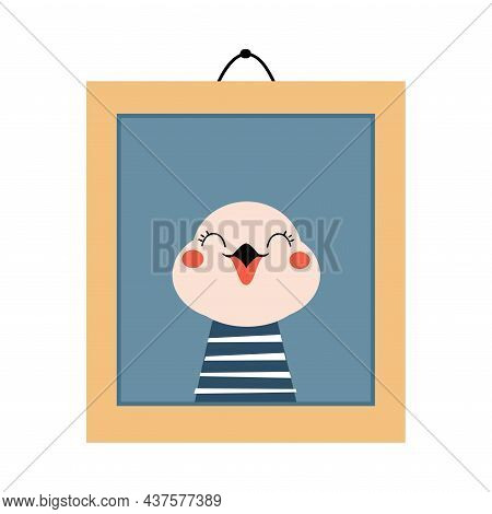 Wooden Kids Frame With Funny Bird Picture Hanging On Wall Vector Illustration