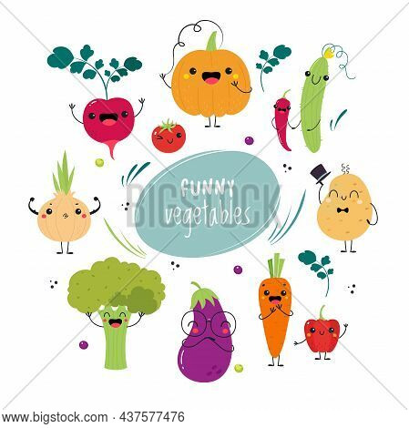 Funny Vegetable Character With Smiling Face And Arm Vector Set