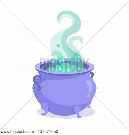 Halloween Witches Violet Cauldron With Poison Potion Isolated On White Background. Icon Image Of Mag