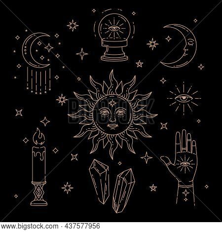 Celestial Magic Outline Gold Illustration Of Icons And Symbols Of Sun, Moon, Crystals, Evil Eye, Wit