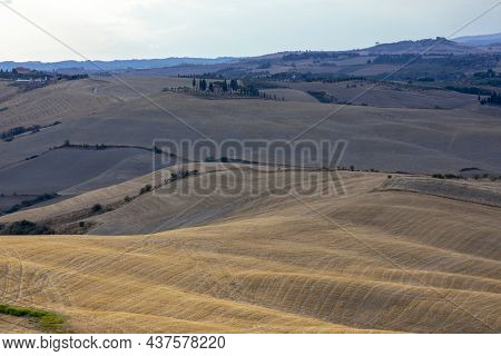 Val D' Orcia (si), Italy - August 05, 2021: Typical Landscape In Val D' Orcia, Tuscany, Italy