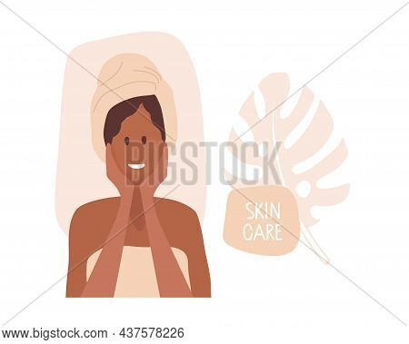 Happy African American Woman With Towel On Head Holds Hands At Face. Hand Drawn Beautiful Woman With