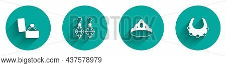 Set Diamond Engagement Ring In Box, Earrings, King Crown And Necklace Icon With Long Shadow. Vector