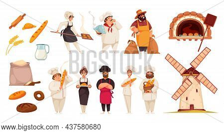 Miller Baker Set Of Isolated Icons With Human Characters Images Of Stove Windmill And Bakery Product
