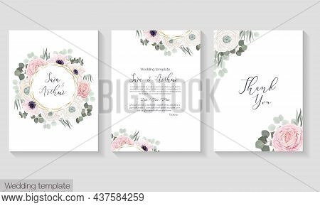 Vector Floral Frame. Template For Invitation Or Greeting Card. Pink And White Roses, Rununculus, Ane