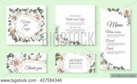 Greeting Card For Wedding Invitation. White Lilies, Eucalyptus, Elegant Twigs. Floral Template For Y