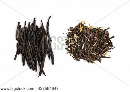 Ku-din Tea And A Mixture Of Herbal Green Tea On A Light Background. Close-up. Top View.