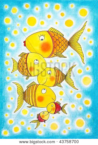 Groupe de poisson d'or, dessin de l'enfant, aquarelle sur papier