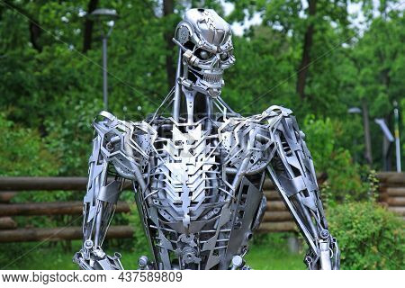 Kiev Region, Ukraine - June 8, 2021: Iron Terminator (cyborg) In Bucha City Park. Innovated Park Dec