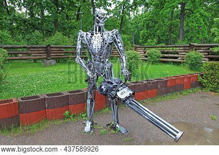 Kiev Region, Ukraine - June 8, 2021: Iron Terminator (cyborg) In Bucha City Park. Innovated Park Dec