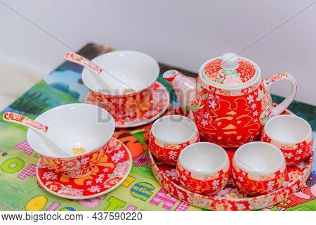 Tea Set Used In A Chinese Wedding Tea Ceremony. Chinese Wedding Tea Ceremony Serving To Elders. The 
