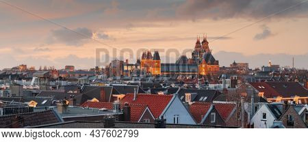 Amsterdam, Netherlands view of the cityscape from De Pijp at dusk.