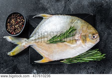 Raw Fish Pompano With Herbs On A Marble Board. Black Background. Top View